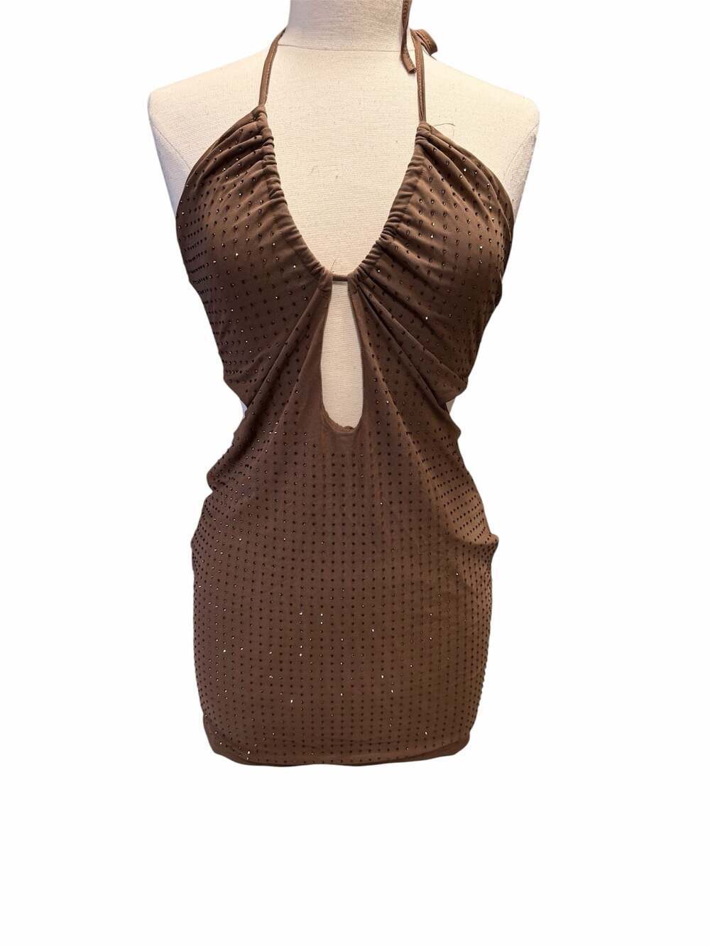 Missguided Brown Rhinestone Embellished Halter Mini Dress Size L